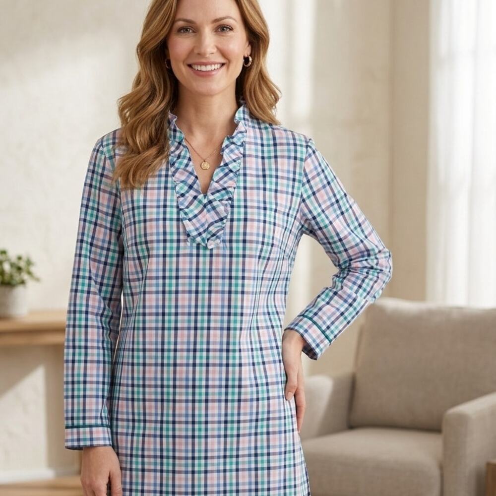 Talbots Gingham Ruffle Neck Popover Top Womens Size 14 Multicolor Cotton Blouse